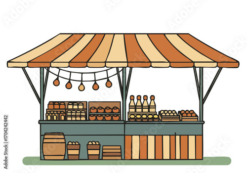 charming market stall illustration with a striped awning and colorful produce Flat design style perfect for commercial use and website graphics Simple clean and visually appealing