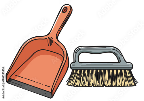 Clean Aid presents vibrant  dustpan and brush Bold colors and a simple graphic style make this ideal for commercial use A clear focused composition highlights everyday cleaning tools