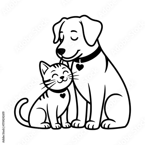 Friendly Dog and Cat Illustration: Black and White Line Art of a Labrador and Tabby Sitting Together