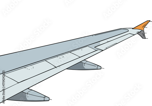 Close-up of an airplane wing with a wing fly symbol. Clean, modern illustration against a bright blue background. Ideal for aviation, travel, and technology themes.