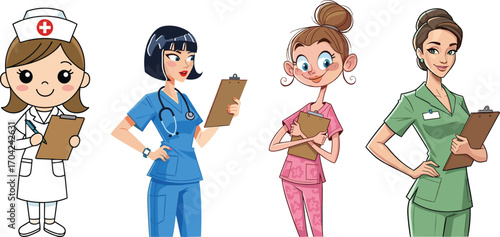 Cartoon female nurses with clipboards, medical professionals in various uniforms, healthcare workers smiling, nurse illustration, hospital staff healthcare design