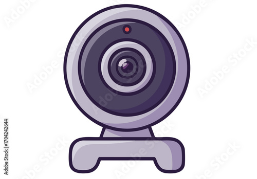 A cute, cartoon webcam icon with a red lens. Simple, modern design. Ideal for website graphics and digital illustrations. Clean, pastel purple background.