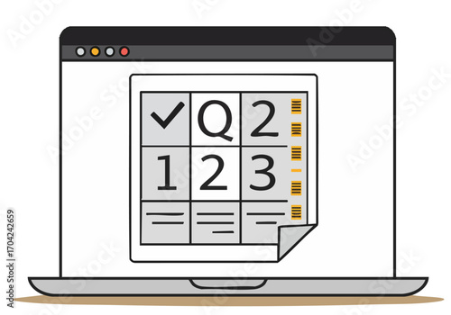 A digital quiz sign displayed on a laptop screen. Clean, modern design with a checkmark and numerical elements. Ideal for online learning or digital signage.
