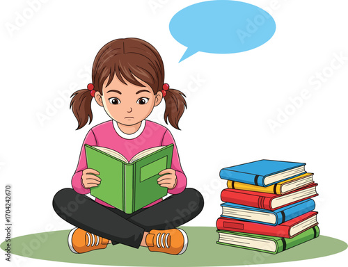 Cartoon girl reading book with speech bubble, sitting on ground, stack of colorful books, education and learning concept illustration