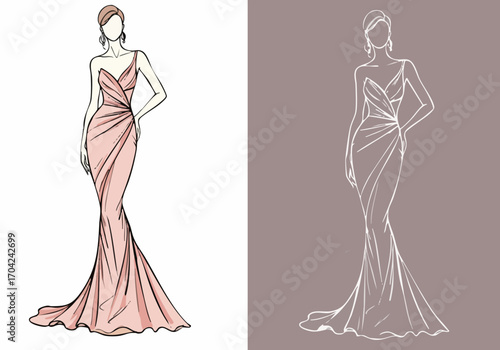 Elegant fashion illustration of a woman in a flowing evening gown. Clean lines, sophisticated design, perfect for fashion design, branding, or website graphics.