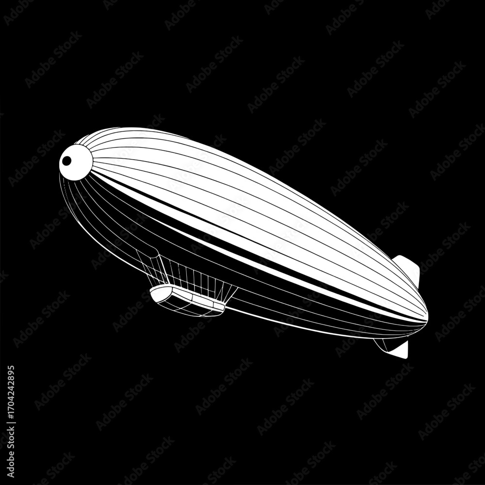 Fototapeta premium Single Line Art Zeppelin Airship: White on Black Background