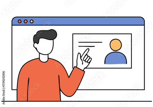 A male instructor teaches virtually, gesturing towards a screen displaying a student. Modern, digital learning concept. Clear, engaging visual.
