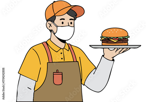 A friendly worker serves a burger with love, wearing a mask and apron. Modern illustration style, vibrant colors, and a focus on food service. Perfect for food marketing.