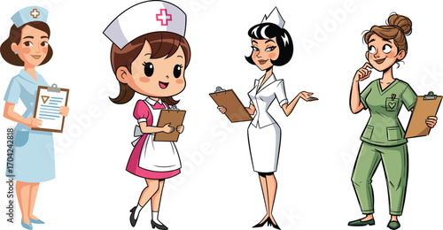 Cartoon nurses holding medical clipboards, cute nurse characters in uniform, hospital staff, healthcare professionals illustration for medical design, vector