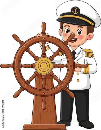 Cartoon ship captain in uniform, smiling while steering wheel, marine officer illustration, nautical theme, maritime career, sea travel concept