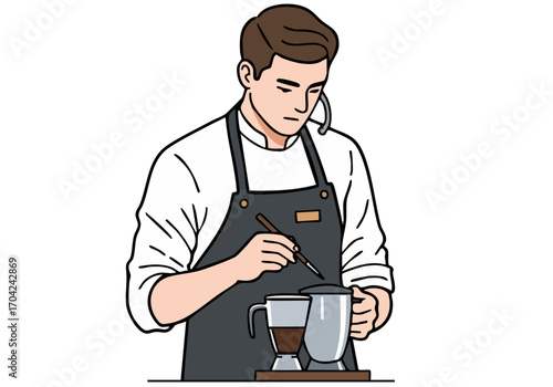 man expertly demonstrates pour-over coffee brewing Focused professional and detailed this image showcases skill and quality Ideal for coffee lifestyle and business visuals