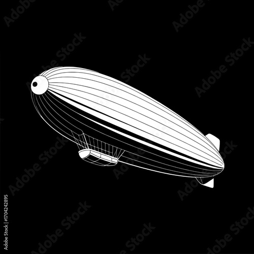 Single Line Art Zeppelin Airship: White on Black Background