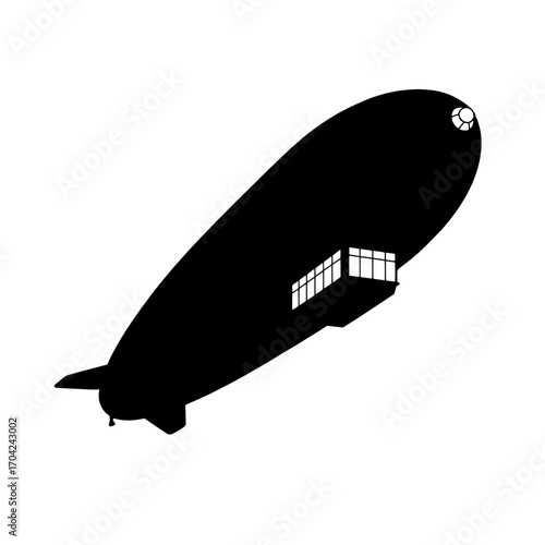 Single Solid Black Airship Silhouette Icon:  Retro Zeppelin Design with Gondola Detail