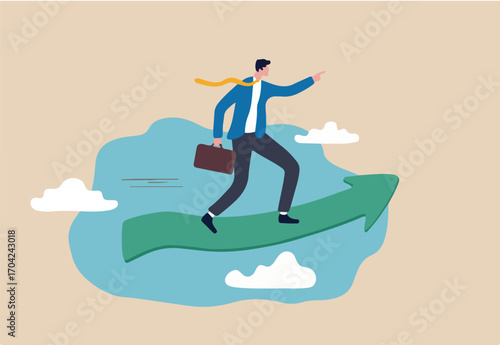 Business moving forward to achieve success, leadership vision for career growth concept, motivated smart businessman riding green rising up arrow graph in high sky pointing to future target.