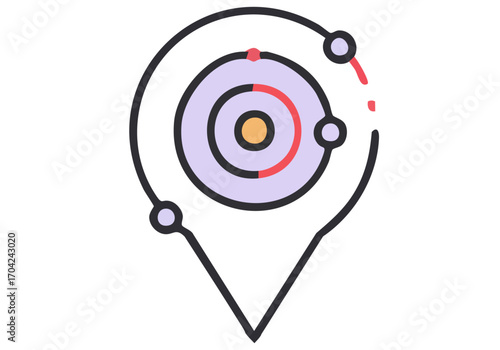 Modern logo icon featuring stylized planet with orbiting lines and a pinpoint marker Clean minimalist design with a soft purple background Ideal for innovation and location-based branding