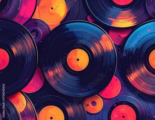Colorful vinyl records in vibrant hues
