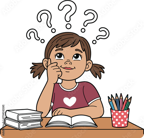 Curious little girl thinking deeply, question marks above head, child studying with books and pencils, learning and education concept, school homework time, thoughtful kid