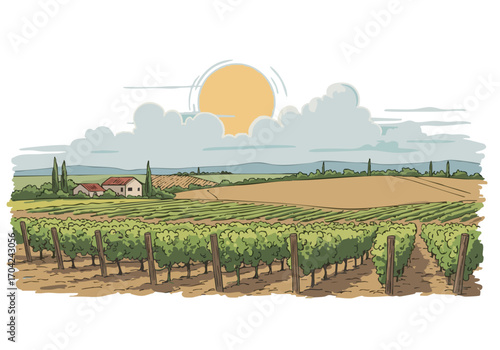 picturesque vineyard view under a sunny sky Rolling hills rows of vines and a charming farmhouse create a serene and inviting landscape Perfect for travel lifestyle or nature themes