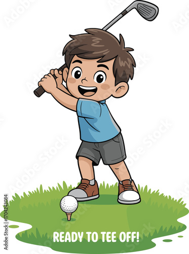 Cute cartoon boy playing golf, holding club, teeing off, smiling kid in shorts on grass field, fun sports activity illustration