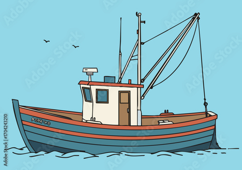 A simple, line-art illustration of a classic fishing boat with a sea sign. Clean, modern style, perfect for backgrounds and design projects. Minimalist and visually appealing.