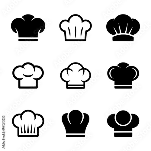 Nine Chef Hat Icons: Variations in Style and Fill