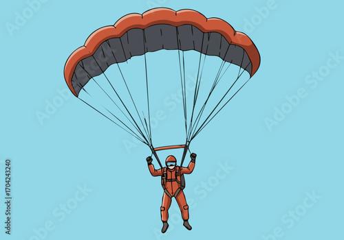 A skydiver in a bright orange jumpsuit floats with an open parachute. Bold graphic illustration. Clean, modern design.