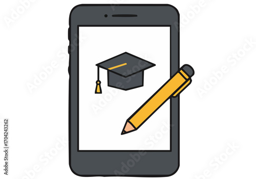 Smartphone displays a graduation cap and pencil, symbolizing online education. Clean, modern design. Ideal for learning, technology, and study concepts.