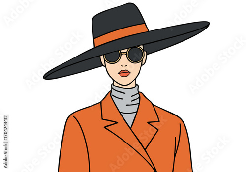 Stylish woman in a wide-brimmed hat and sunglasses, wearing a sophisticated outfit. Modern illustration, perfect for fashion and trend concepts.