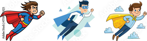 Flying cartoon superhero boys, kids in colorful capes, comic style vector heroes, child characters in action, sky background illustration.