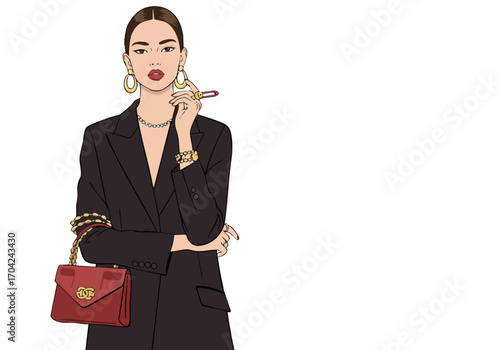 A stylish woman poses confidently in a black blazer, accessorized with bold jewelry and a handbag. Chic and modern illustration.