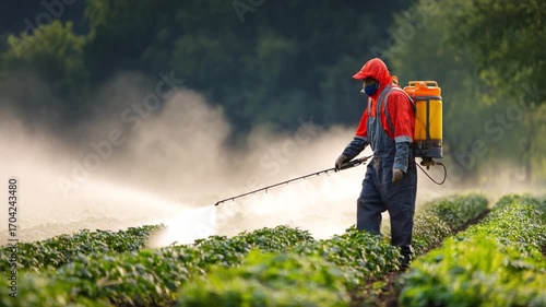 Spraying the Field: A farmer, shielded in protective gear, sprays a verdant field with a mist of pesticide, ensuring crop health and maximizing yield. Capturing the hard work in the agriculture realm.