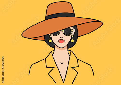 Stylish woman wearing a wide-brimmed hat and sunglasses.  Elegant portrait illustration, modern design, perfect for fashion and lifestyle branding.