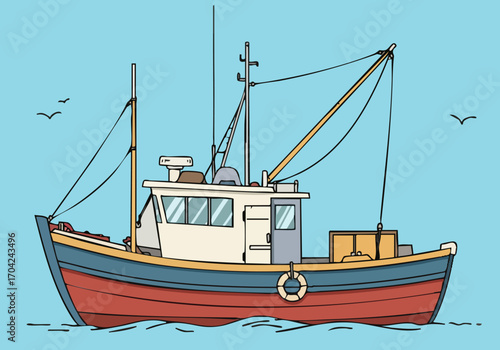 A stylized illustration of a classic fishing boat on the sea. Simple lines and a muted color palette create a clean, modern aesthetic. Perfect for design projects.