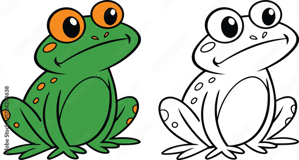 Fototapeta premium Two Adorable Cartoon Frogs Sitting Pretty One Green and Colorful and the Other a Black and White Outline