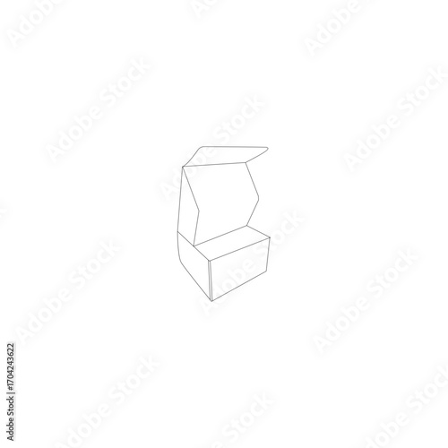Technical line drawing of a die-cut cardboard box with a hinged lid, open.