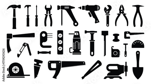 Collection of black silhouette construction and repair tools on white background hardware hammer