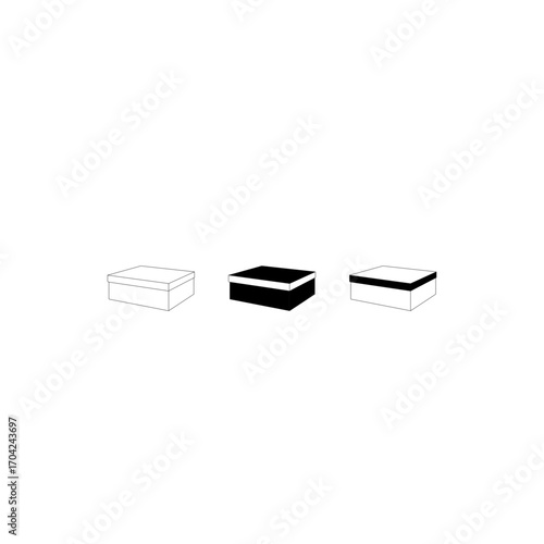 This vector graphic displays three different representations of a shoebox.