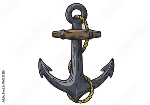 Vintage anchor sea sign illustration. Detailed, rustic style with rope and wood. Perfect for nautical, travel, or coastal themes. Clean, simple design.