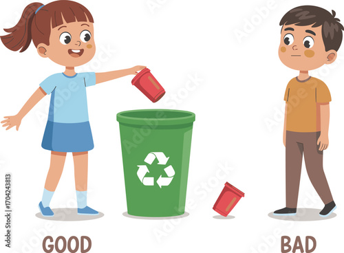 Little girl recycling properly, boy littering beside bin, environmental awareness, teaching good habits, kids learning eco-friendly behavior, waste management education.