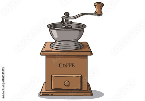 Vintage hand-crank coffee grinder illustration. Detailed, warm tones, rustic style. Perfect for coffee-themed designs and branding.  Clean, graphic, appealing.