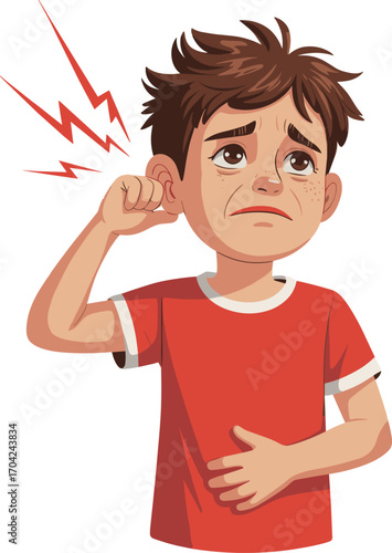 Sad boy suffering ear pain, holding stomach, red t-shirt, cartoon medical illustration, pediatric ear infection health concept