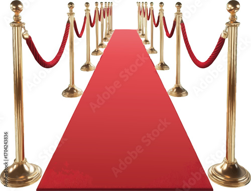 Long Red Carpet with Gold Stanchions and Velvet Ropes on White Background barrier entrance