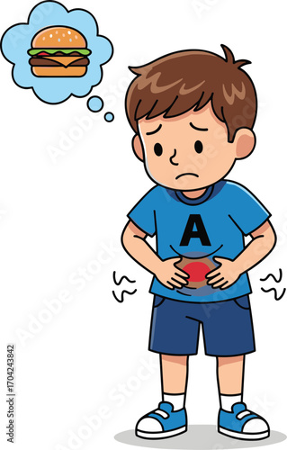 Sad cartoon boy with stomach ache holding belly, thinking about burger, food craving, digestive problem, blue shirt, kid pain, unhealthy eating