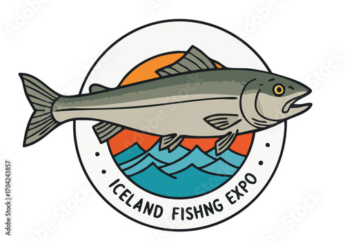 Vintage-style logo featuring a salmon against a sunset backdrop. ?Icellatis Expo? text encircles the fish, promoting Iceland Fishing Expo. Clean, illustrative design.