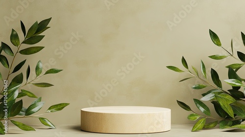 Fototapeta Naklejka Na Ścianę i Meble -  Minimal wooden podium display with green branches