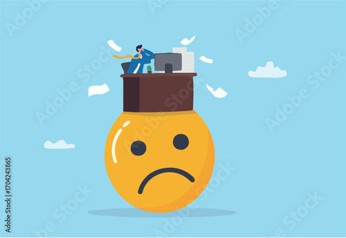 Unhappy employee, dissatisfied work, busy overworked or worried with anxiety depressed, miserable or disappointed career, anxious or burnout concept, unhappy office businessman working on upset face. 