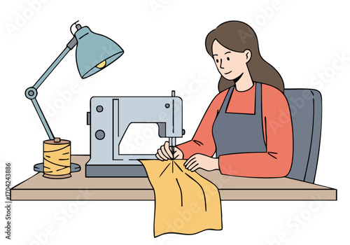 A woman sews at a sewing machine, focused and smiling. A warm, inviting workspace with fabric and thread. Ideal for crafting, sewing, and DIY themes.