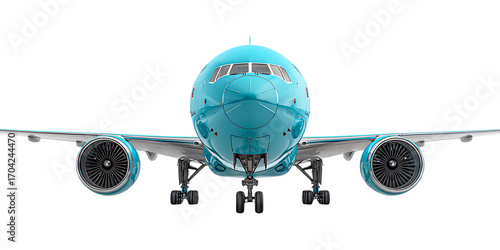 Teal airplane front view, isolated on black background.