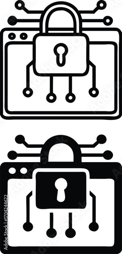 Encryption Icons. Black and White Vector Illustration. Padlock and Application. Process of Encrypting Information to Prevent Unauthorized Access. Password and Data Security Concept

