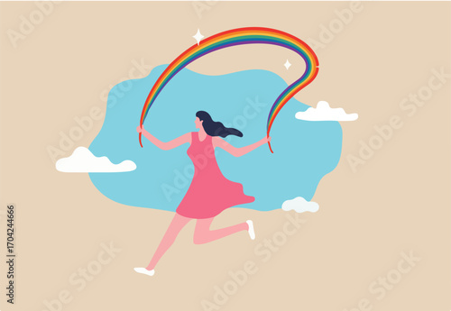 Embrace LGBT rainbow pride, equality and freedom in gender, lesbian, gay, bisexual and transgender concept, happy beautiful transgender woman running while holding rainbow pride.